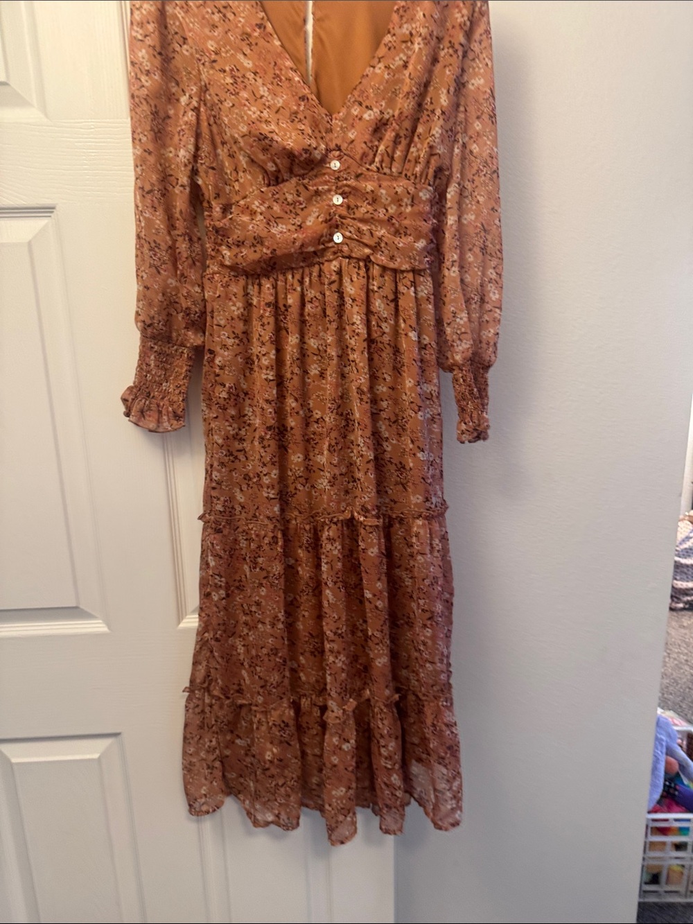 indulge Rust Floral Button-Front Tiered Maxi Dress
